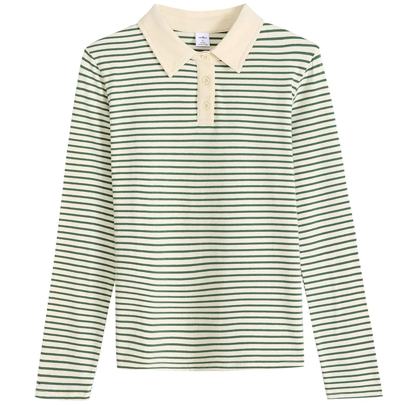 Spring Long Sleeve Striped Polo Shirt Women Cotton Stretch Fashion Summer Autumn Elegant Knitted Polo T-shirt For Women 2024