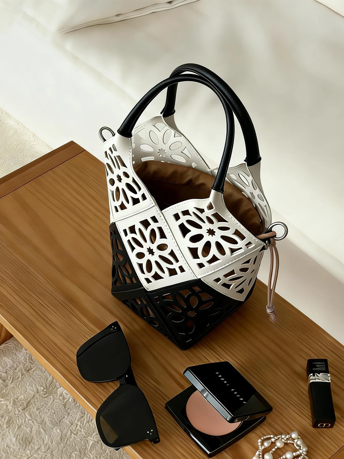 

Women's Bucket Bag Embroidered Window Flower Basket Weaving Handbag Soft Polyester Single Shoulder Strap Casual Style