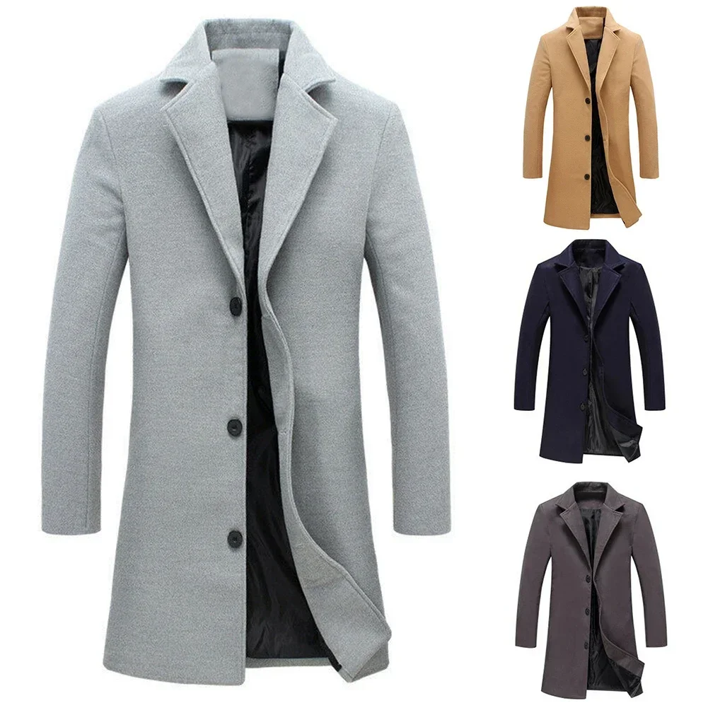 

Autumn Winter Solid Color Single Breasted Lapel Long Coat Fashion Men's Woolen Coats Jacket Casual Overcoat Plus Size 5 Colors