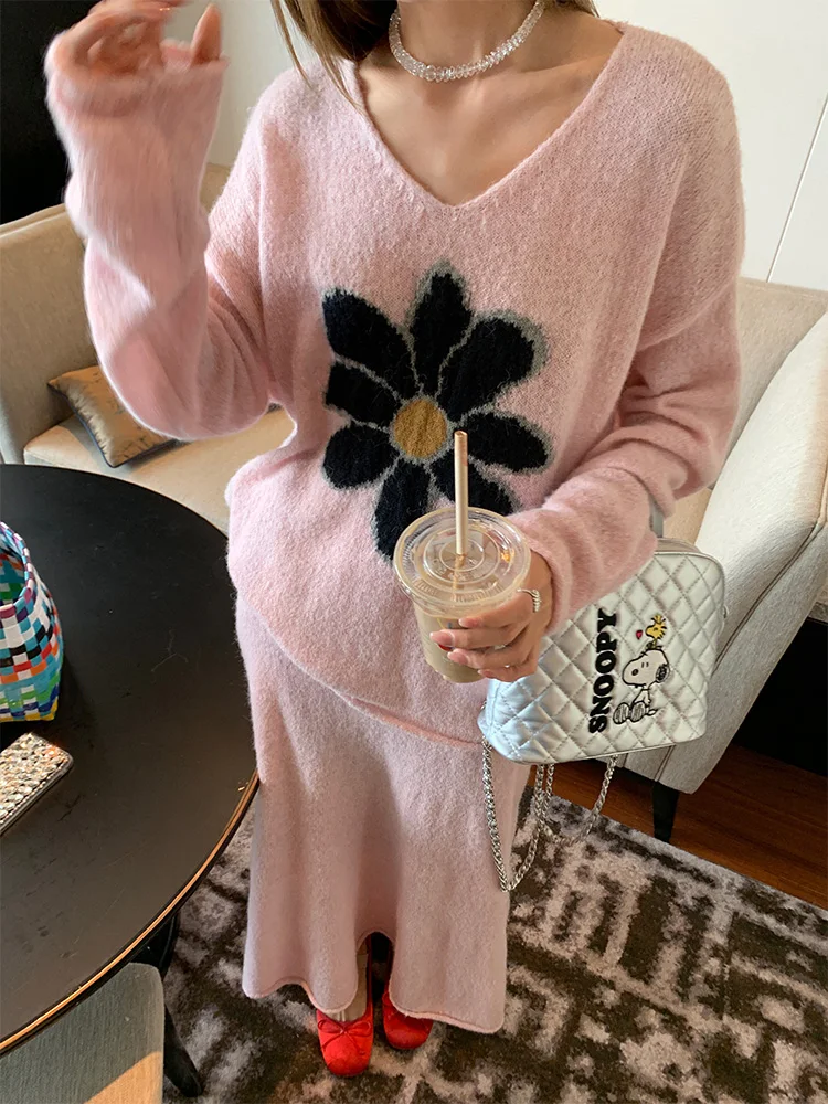 

Early Autumn Pink Knitted Set Women's Small Size Clete Knitted Top And Skirt Faion Set Casual Comfortable Wool Blend