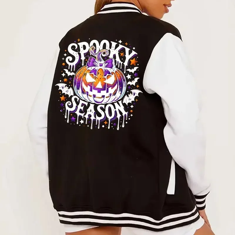 

Women Baseball Jacket Pumpkin Halloween Spooky Season Design Street Fashion Leisure Versatile Varsity Baseball Bomber Jackets