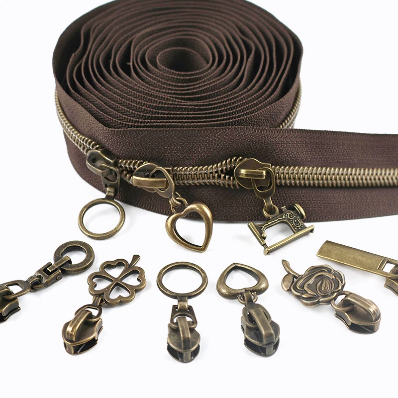 

2/5/10M 5# Bronze Nylon Zippers Tape with Zipper Pullers Plastic Coil Zips for Bag Clothes Closure Sewing Zip Sliders Repair Kit