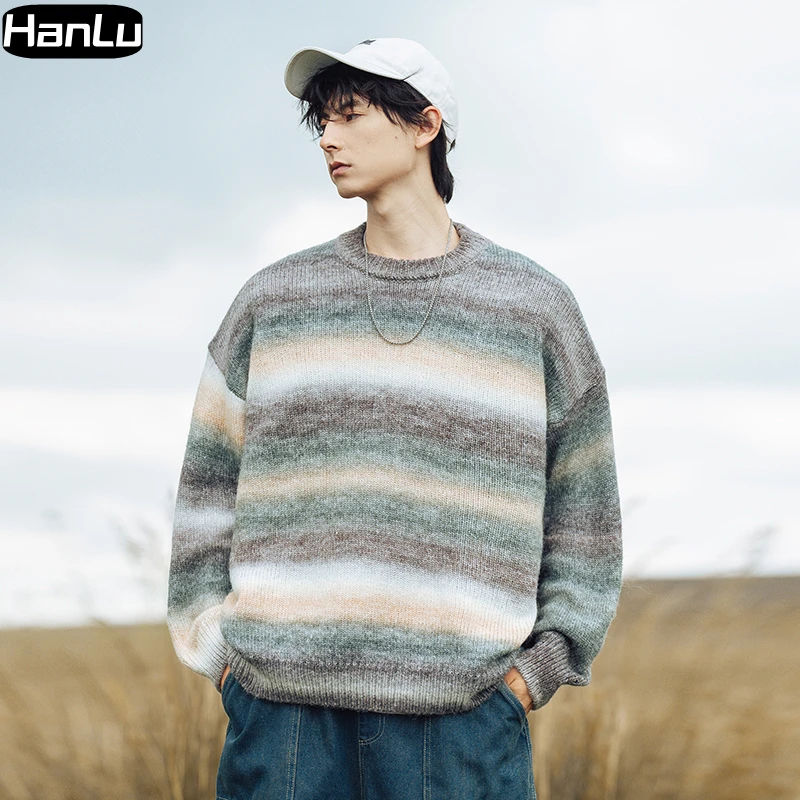 Men's Winter Round Neck Casual Sweater Coat Street Dance Couple Knitted Pullover Long Sleeve Y2K Stripe Tie Dyed Sweater Men