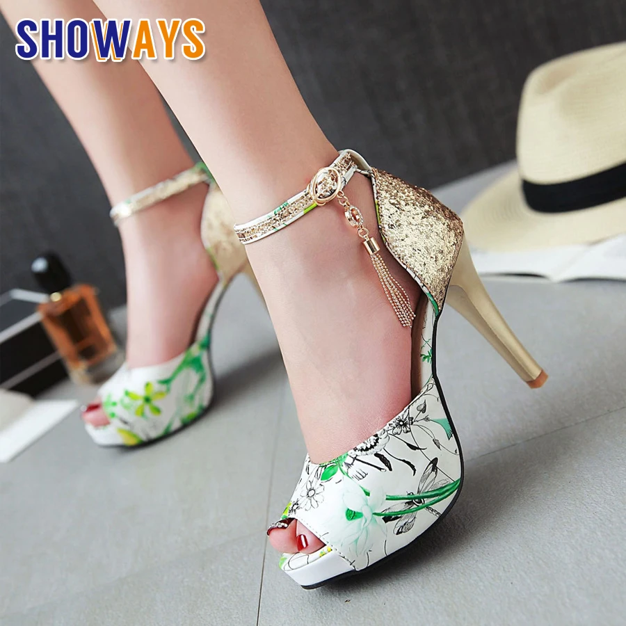 Glitter Women Platform Sandals Red Blue Flower Frint High Spike Heel Party Lady Tassel Sequined Cloth Ankle Strap Thin Stilettos