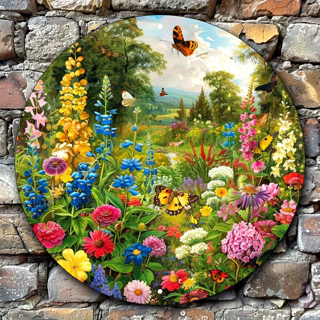 1pc of Room Decoration Featuring a Lively American Garden Scene in Aluminum Wall Art, Measuring 8X8 Inches (20X20 Cm). This Colo