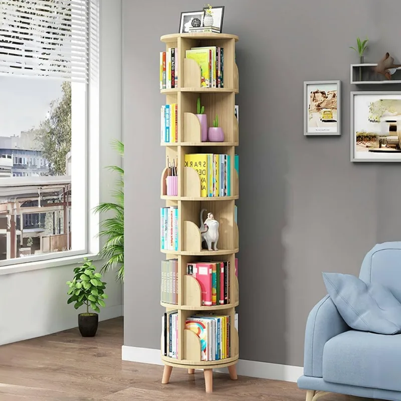 Rotating Bookshelf with Legs, Tall Tower Revolving Standing Book Shelf Wood Bookcase Round Bookshelf for Bedroom Living Room