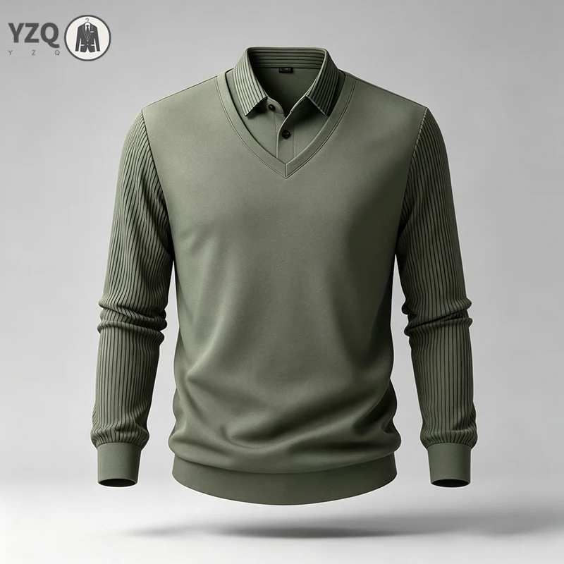 Mens Office‑Oriented Fake Two‑Piece Pullover V Neck Ribbed Sleeve Soft Material For Strolling Meeting And Daily Relax Outfit