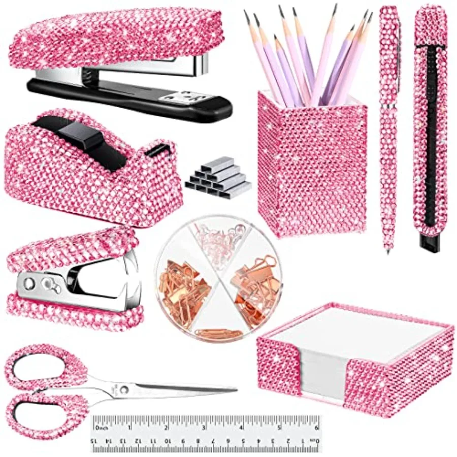 

Teling 10 Pcs Bling Office Accessories for Desk Bling Crystal Office Supplies Set Desk Accessory Kit Glitter Stapler Staple Rem