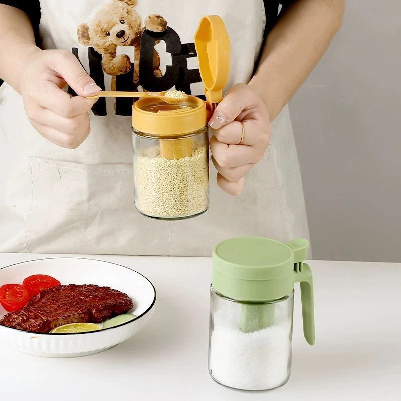 Household Kitchen Moisture-Proof Seasoning Jar Salt Container 2 In 1 Glass Spice Bottle Spoon Separation Glass Seasoning Can