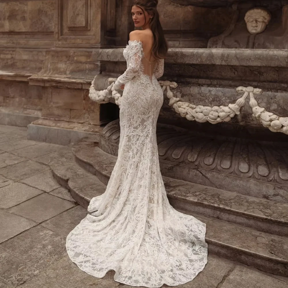 تخصيص الدانتيل حورية البحر فستان الزفاف رومانسية الحبيب الرقبة ثوب الزفاف قبالة فساتين الكتف للعروس فستان زفاف فيستدو