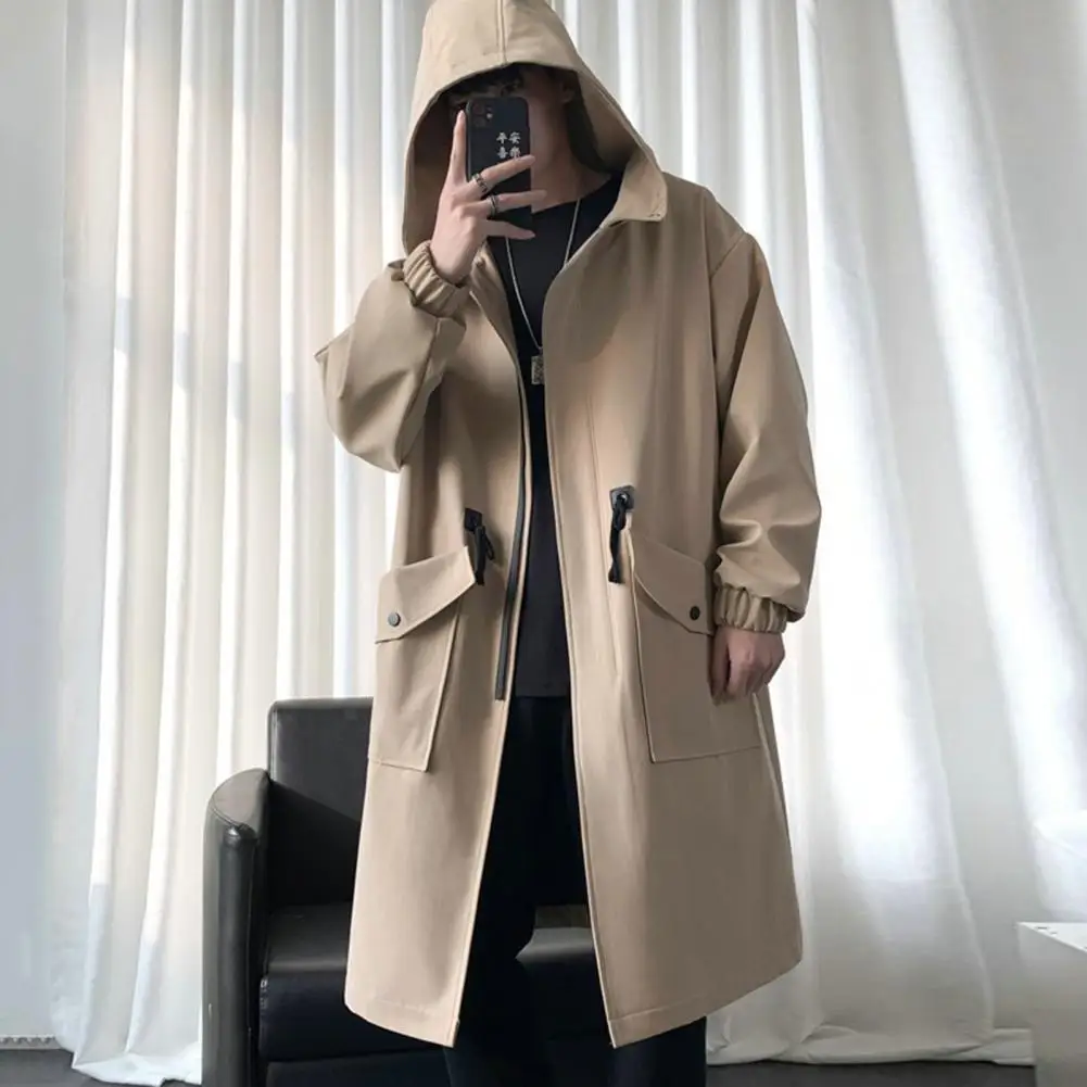 

Long Trench Coat Jacket Men Cotton Autumn Spring Black Hip Hop Japanese Coats Streetwear Men's Hooded Army Green Casual Jackets