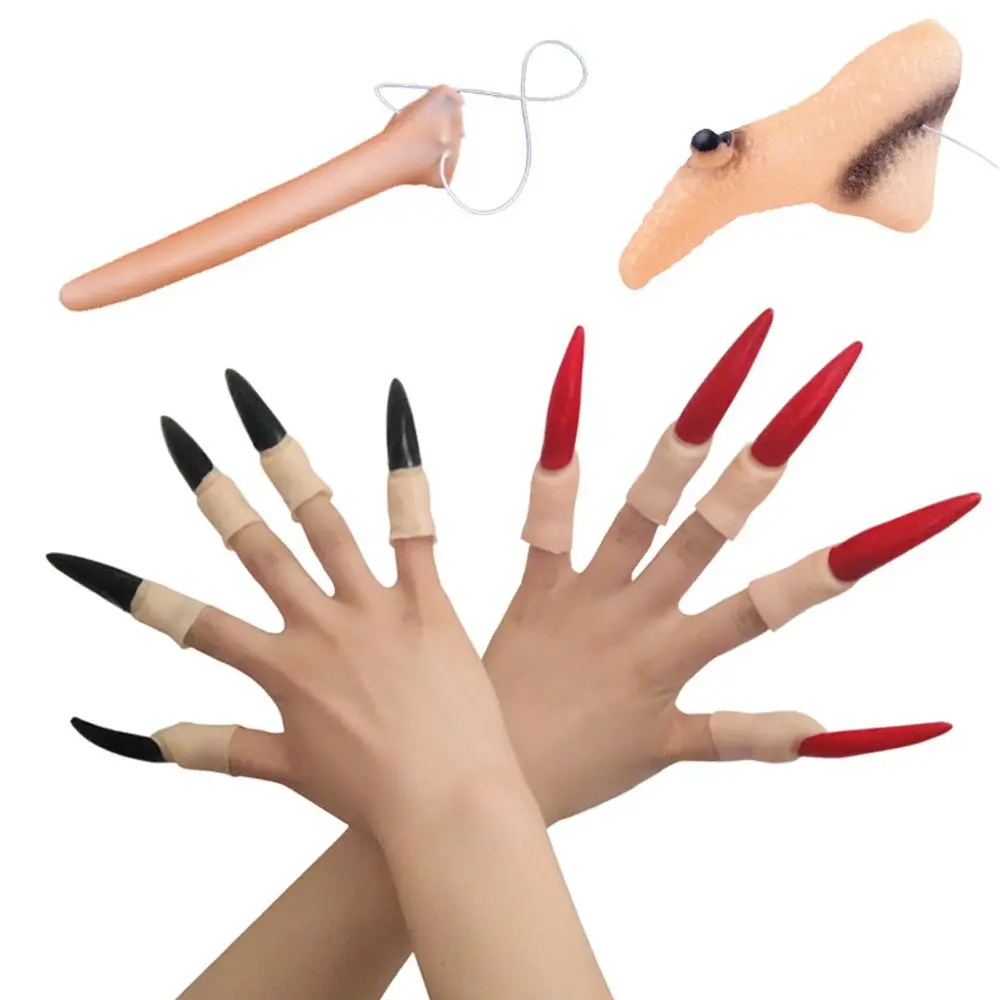 Uñas de bruja de goma góticas aterradoras para niños y mujeres, juguetes de utilería de Halloween, suministros de Halloween, decoración de bruja malvada con nariz