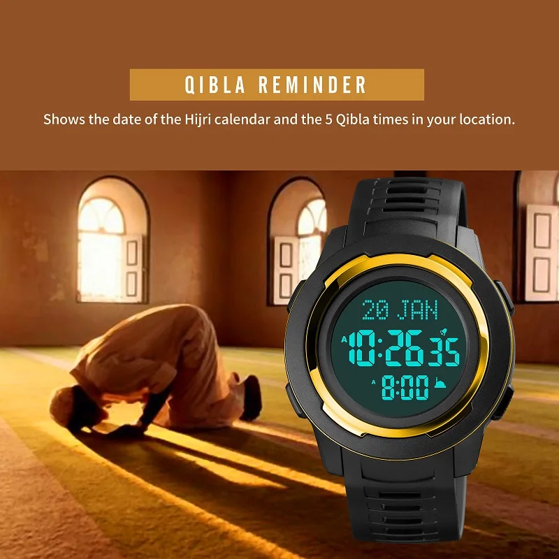 

SKMEI Mens Watches Muslim Watch Qibla Time Reminder Nmane Display Qibla Compass City Selection Clock Men Sports Digital Wach