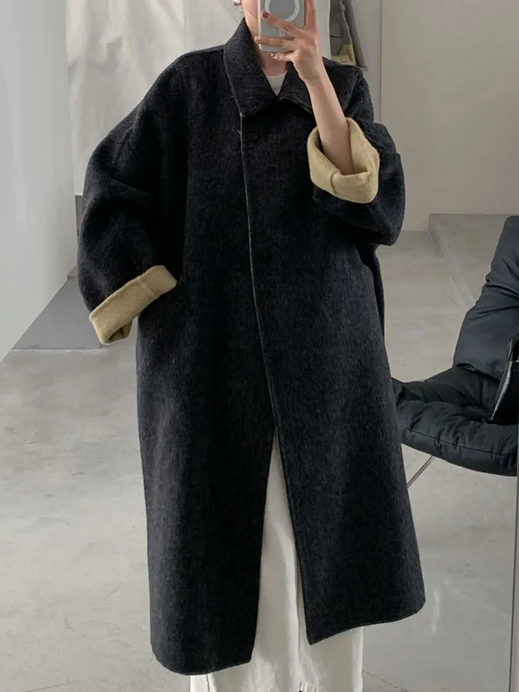 ZMEENNA レディース ロング ウール ブレンド コート リバーシブル コントラストカラー カフス ターンダウンカラー 暖かい冬用アウター ZM4414