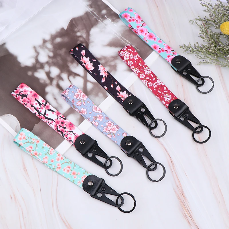 1Pc Sakura Car Keychain Cherry Blossom Lanyard Hanging Strap With Metal Key Holder Car Motorcycle Key Ring Accessories Gift