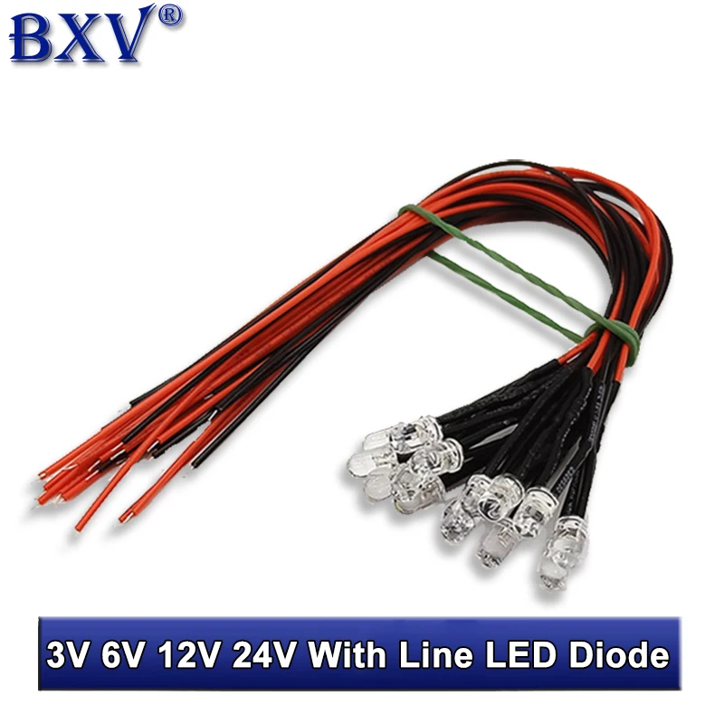 

10PCS 5MM LED 24V 12V 3-6V With Line LED Light-emitting Diode/12V Line Length 20CM White Hair White Red Green Yellow Blue Orange