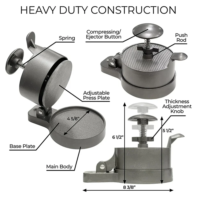 Burger Press Patty Maker Adjustable Thickness (1/4 lb to 3/4 lb) Non-Stick or Burgers Crab Cakes & Sausage