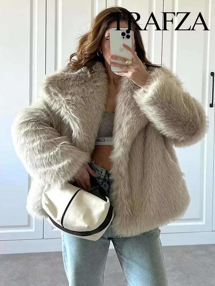 TRAFZA For Women Winter Coats New Artificial Fur Effect Loose Cropped Short Coat Female Versatile Streetwear Women Cardigan Y2K