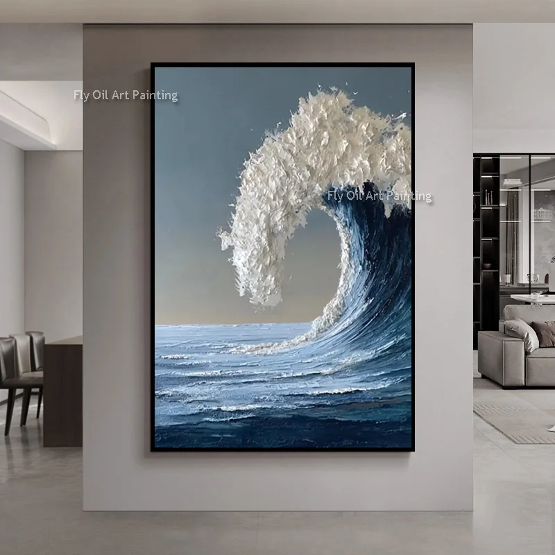 Raised Textured Sea Wave Wall Art, Hand‑Crafted Heavy‑Paint Oil Canvas, Dramatic Blue Coastal Contemporary Home Statement Piece