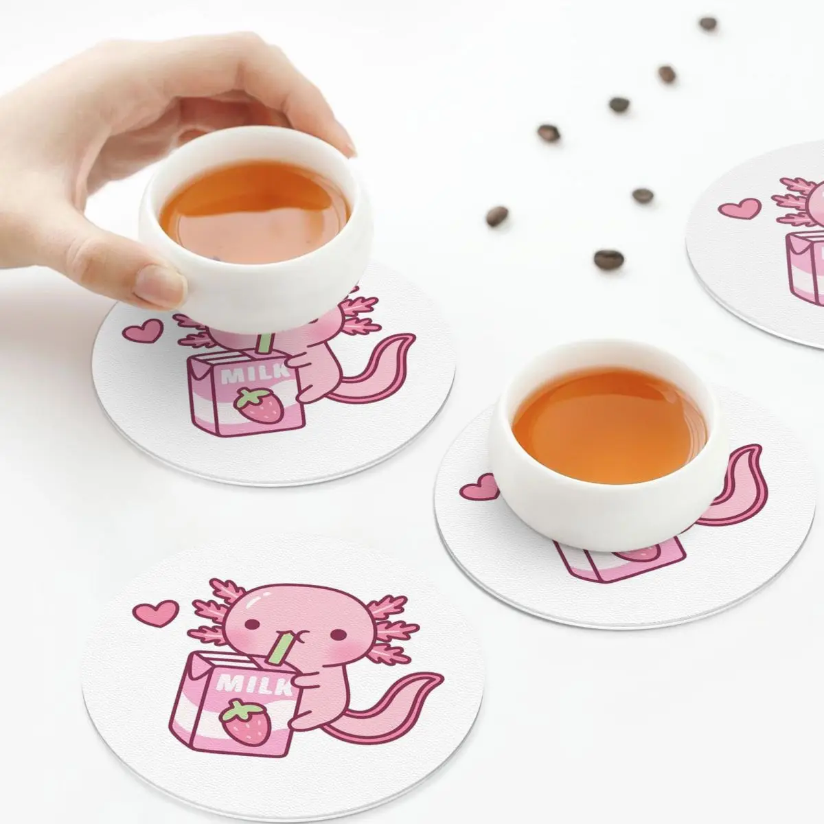 Juego de 6 Posavasos con Diseño de Axolotl Adorable Bebiendo Leche de Fresa, Mantelería de Cocina, Aislantes para Tazas de Café, Protectores de Mesa