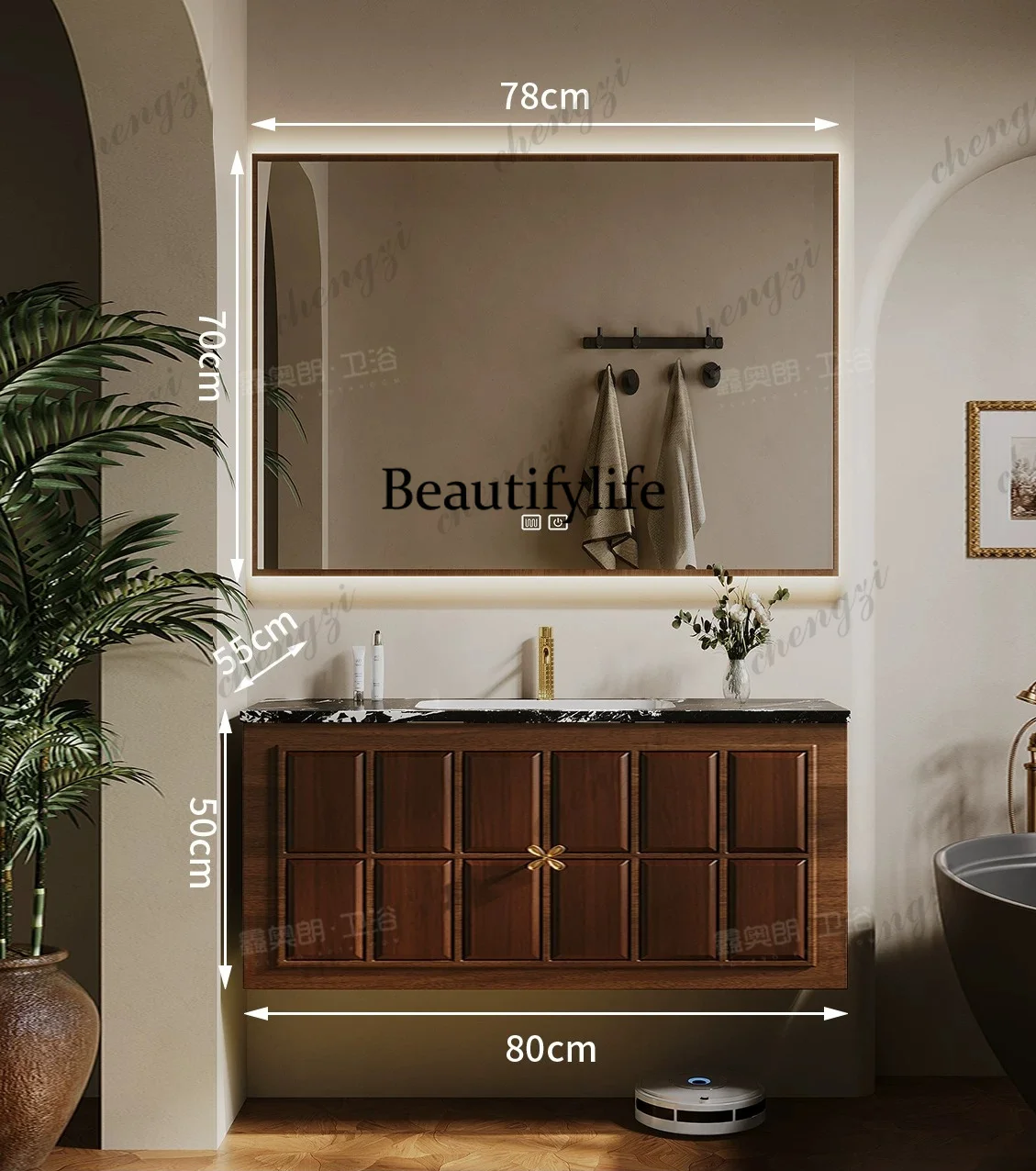 Medieval oak bathroom cabinet combination Song's aesthetic bathroom rock slab washstand hand washbasin