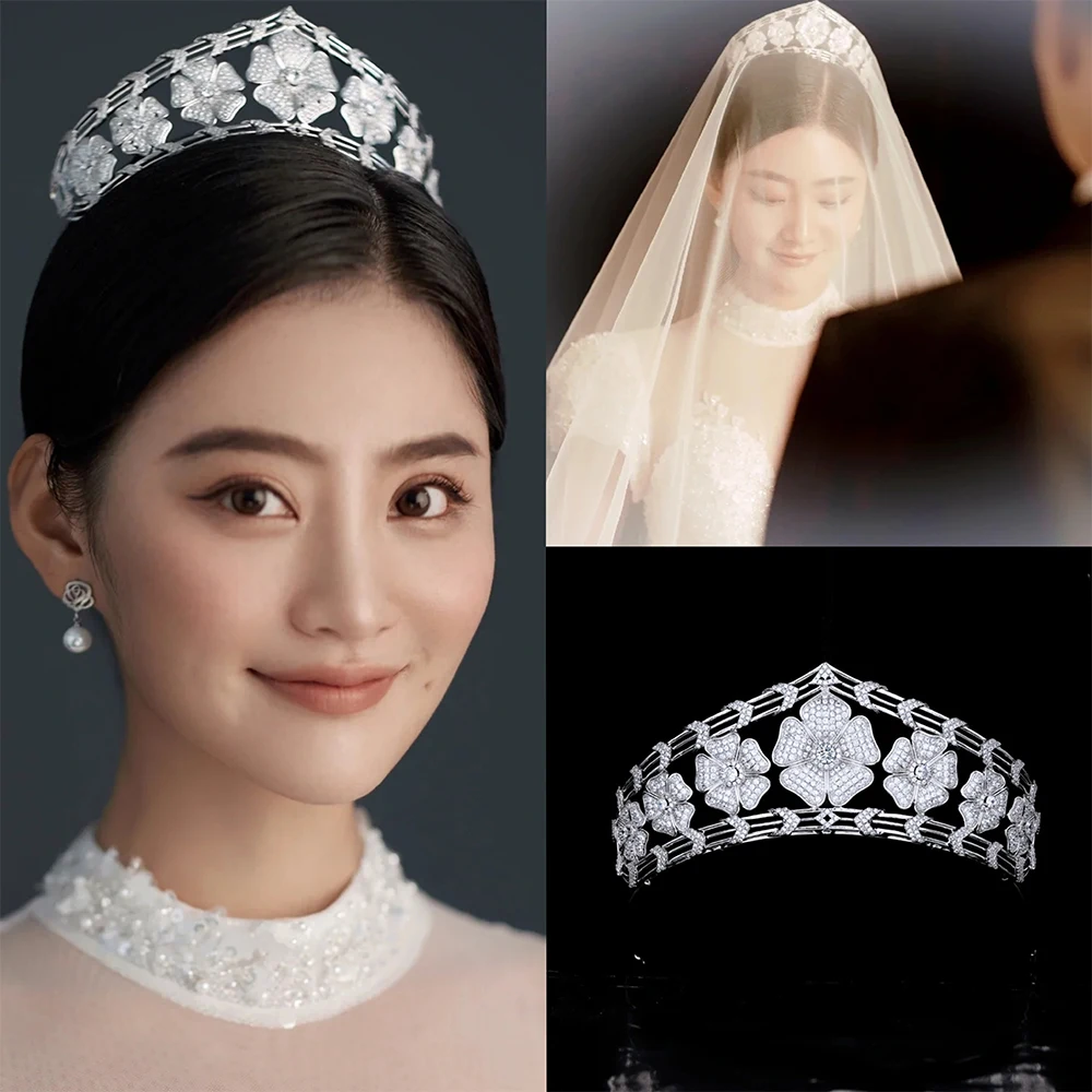 

Himstory European Vintage Royal Hair Crown Princess Large Flower Cubic Zircon Tiaras Headdress Hairband Accessories
