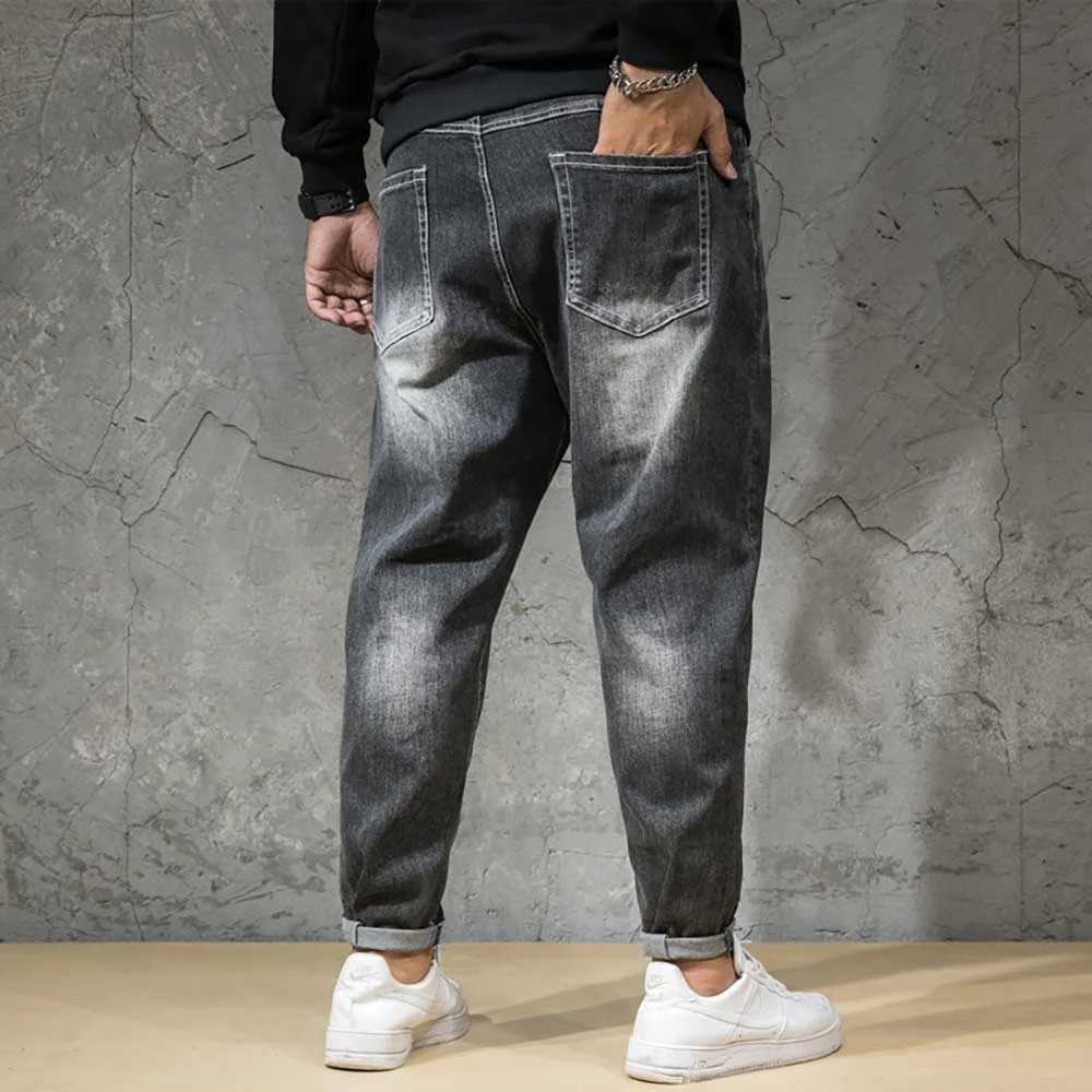 Jeans rasgados para homens, calça jeans casual folgada, streetwear de harém de hip hop, moda angustiada, plus size, nova