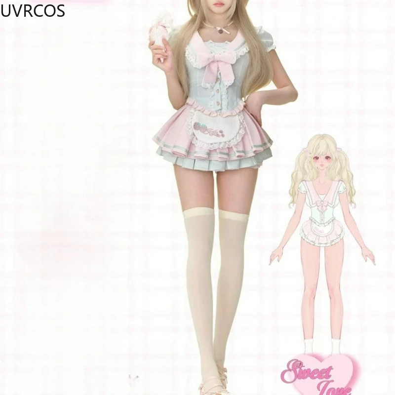 일본 패션 카와이 2 피스 세트 여성 스위트 보우 선원 칼라 탑 딸기 케이크 미니 스커트 여성 하라주쿠 Y2k 로리타 슈트