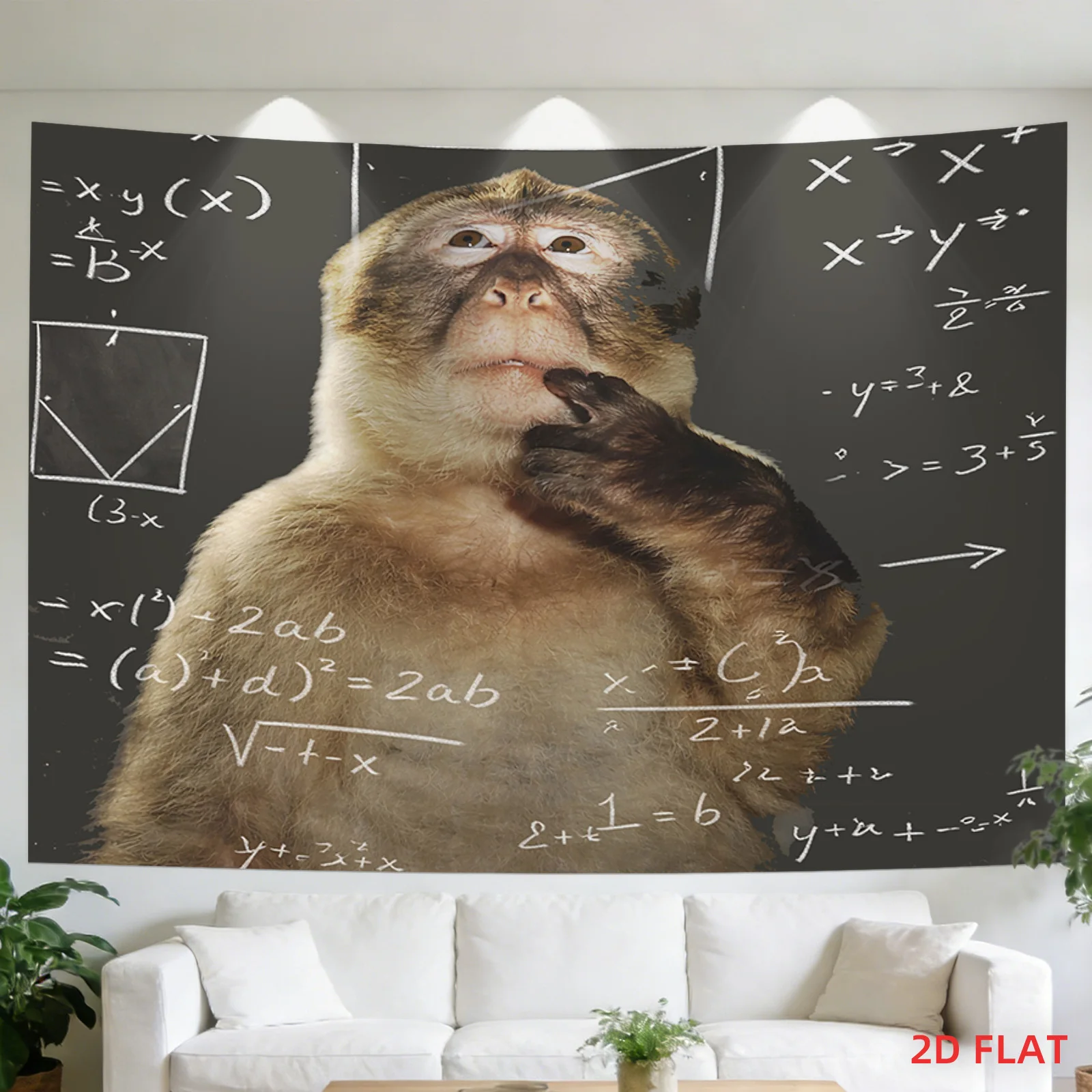2D Flat,1pc Printed Tapestry, Thinking Monkey with Math Formula Blackboard Pattern, Wall Decor, for Living Room,Bedroom