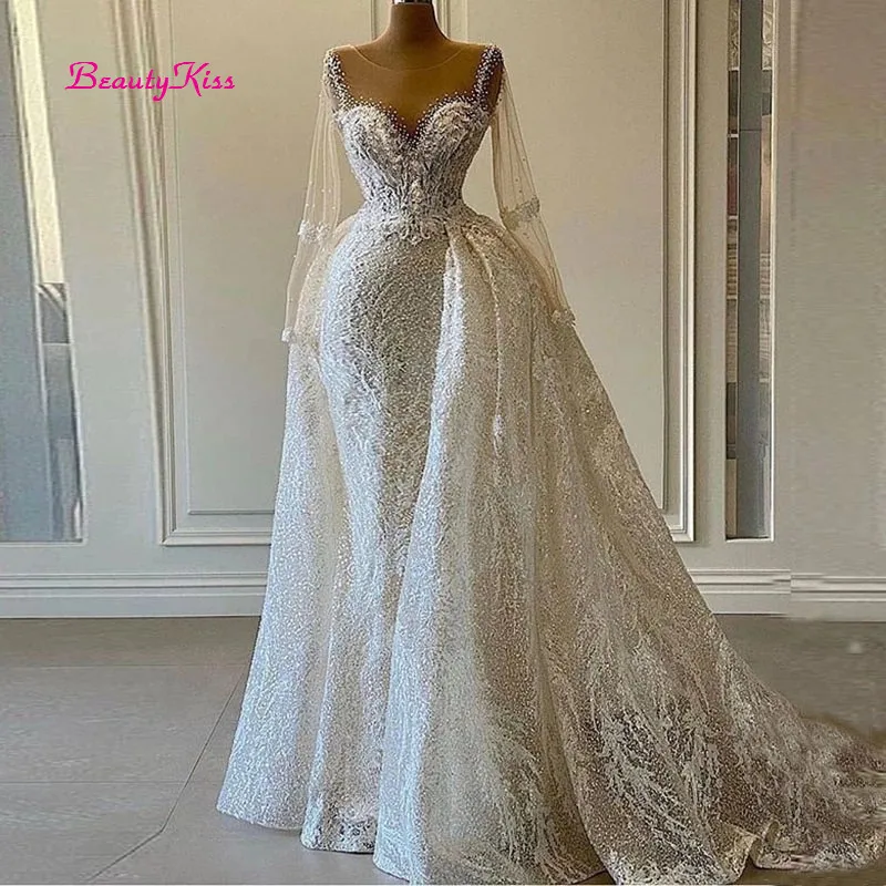 Abiti da sposa di lusso con paillettes scintillanti per Womem 2022 cristalli di sirena maniche lunghe con abiti da sposa africani con treno staccabile