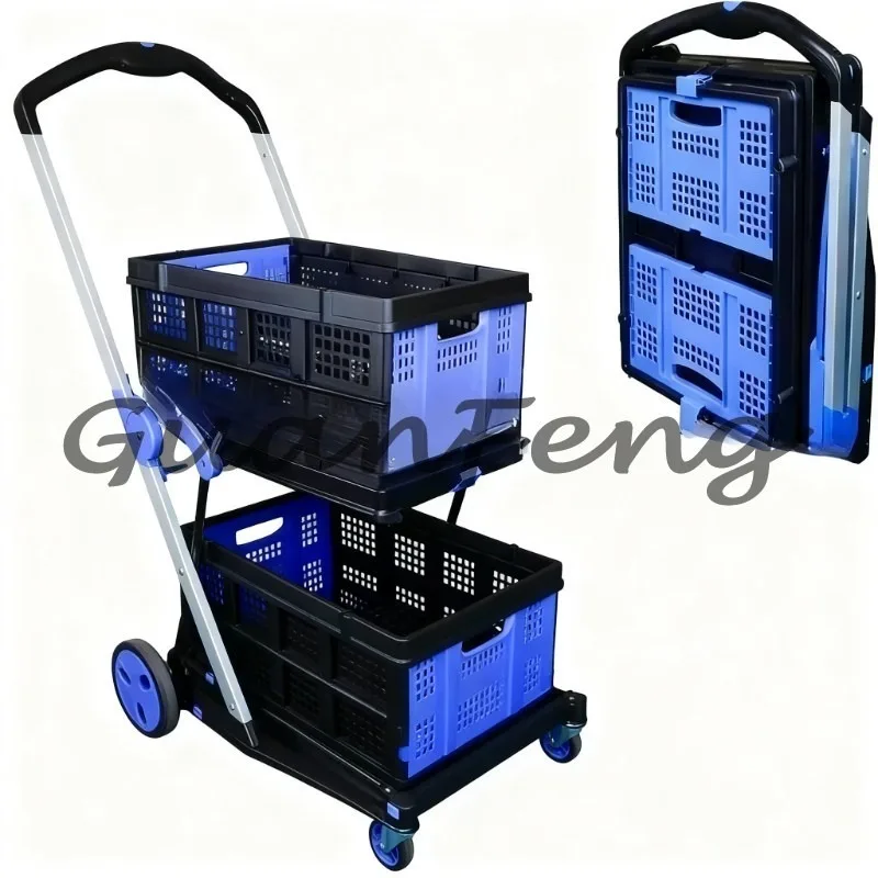 Double Decker Foldable Shopping Cart, Heavy Duty Multifunctional Collapsible Utility Trolley for Home Grocery