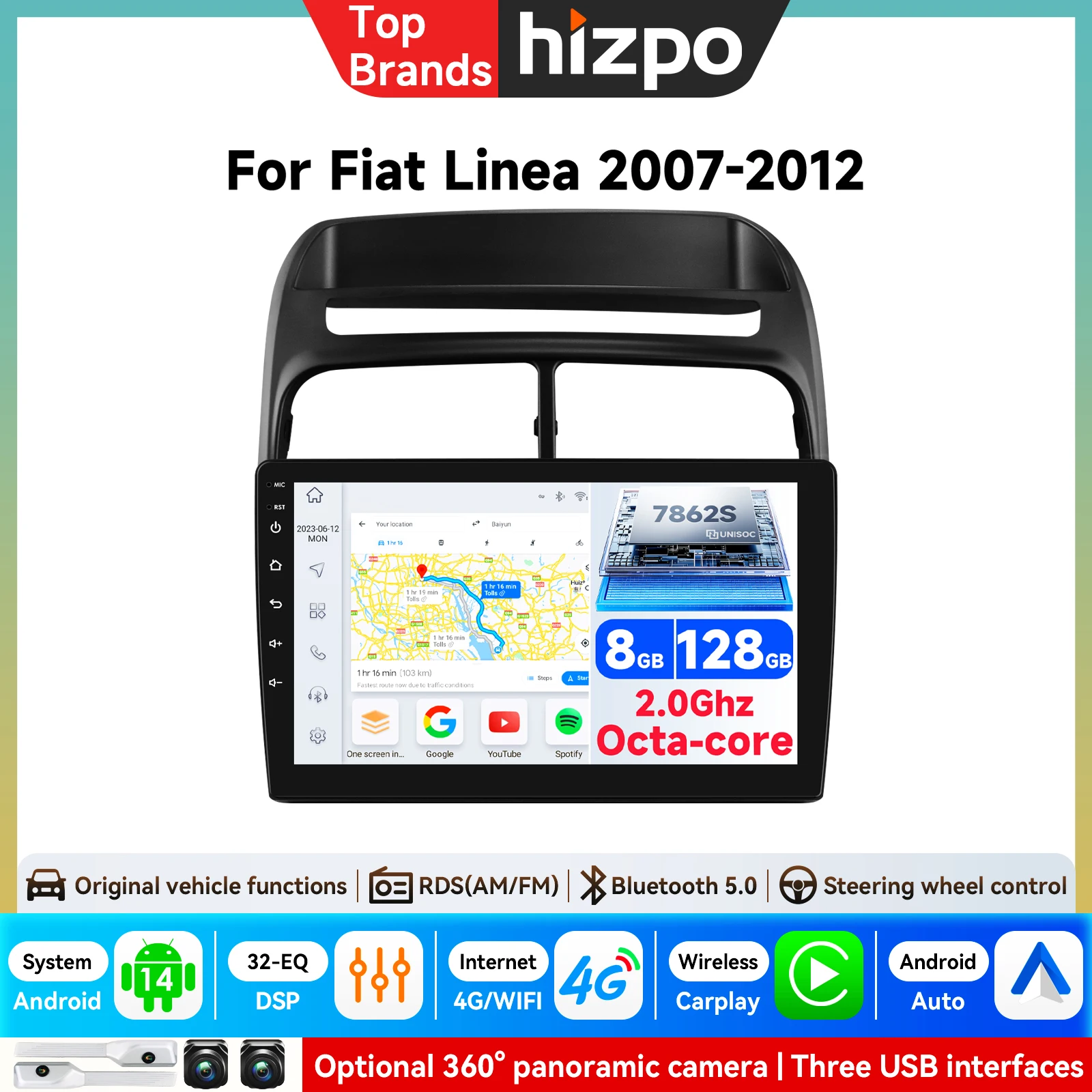 9-Zoll AI-System Autoradio mit Wireless CarPlay und Android Radio für Fiat Grande Punto Linea 2007-2012, Multimedia GPS FM WIFI BT