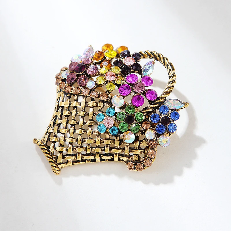 Fashion Crystal Flower Basket Brooches Pin For Women Clothing Coat Jewelry Accessories
