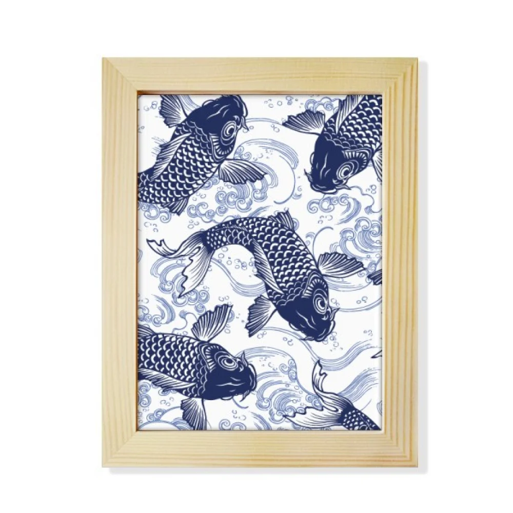 Carp Wave Blue Pattern Japan Desktop Adorn Photo Frame Display Art Painting Wooden