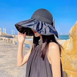 Large Brim Hat Korea Women Outdoor UV Big Head Sunhat Silver Silk Line Back Opening Bow Sun Hat Beach UPF50+ 56-58cm