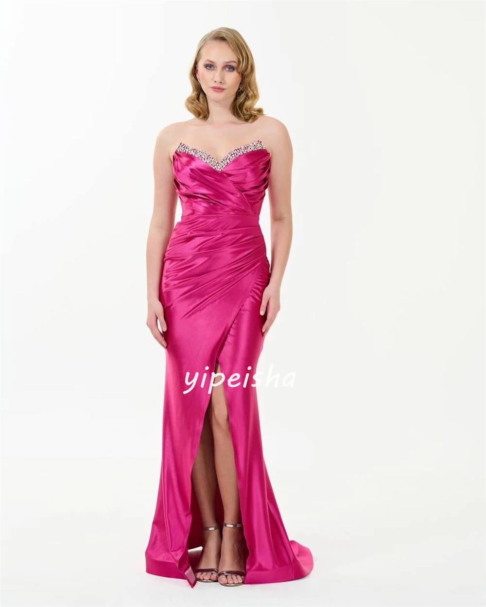 Satin Rhinestone Evening A-line Strapless Bespoke Occasion Gown Long Dresses