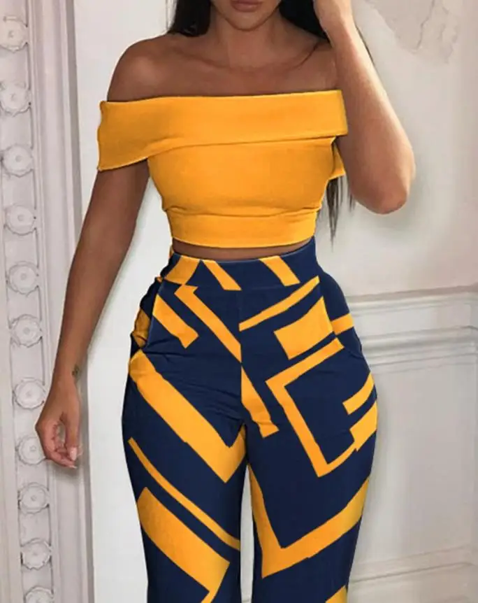 Two Piece Set Women Outfit 2024 Summer Fashion Off Shoulder Short Sleeve Crop Top & Casual Geo Print High Waist Pants Set