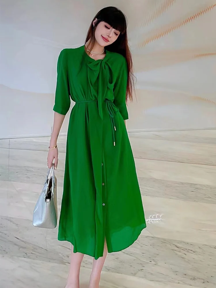 High End Fashionable Summer New Street Style Silk V-Neck+Lace Up Half Sleeve Single Breasted+Belt Women's Shirt Dress S-XL