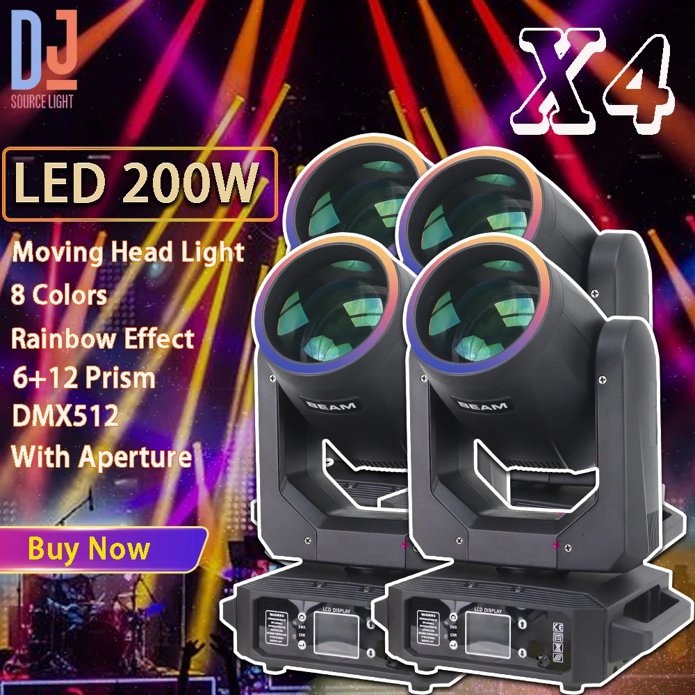 4Pcs/lot LED 200W Moving Head Light Beam Spot Stage Lights With Aperture Rainbow Effect 18 Prism DMX DJ Disco Party Wedding Bar