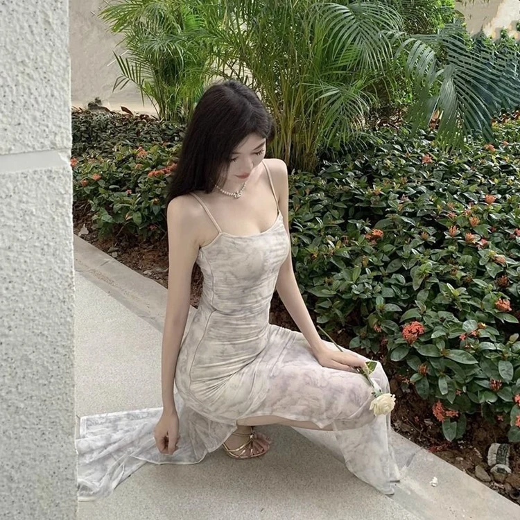 2025 الصيف مثير السباغيتي حزام طباعة سبليت فستان للنساء الكورية موضة سليم صالح ومزاجه التخسيس فستان طويل أنيق #5