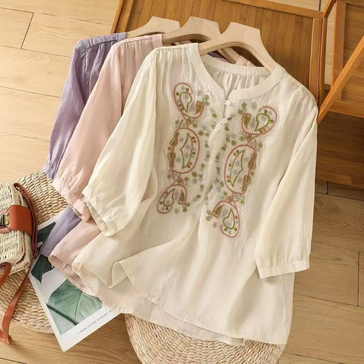 Spring Summer New Chinese Style Cotton Linen Embroidered Round Neck Shirt, Women's Plus Size Loose Cotton Half Sleeve Top