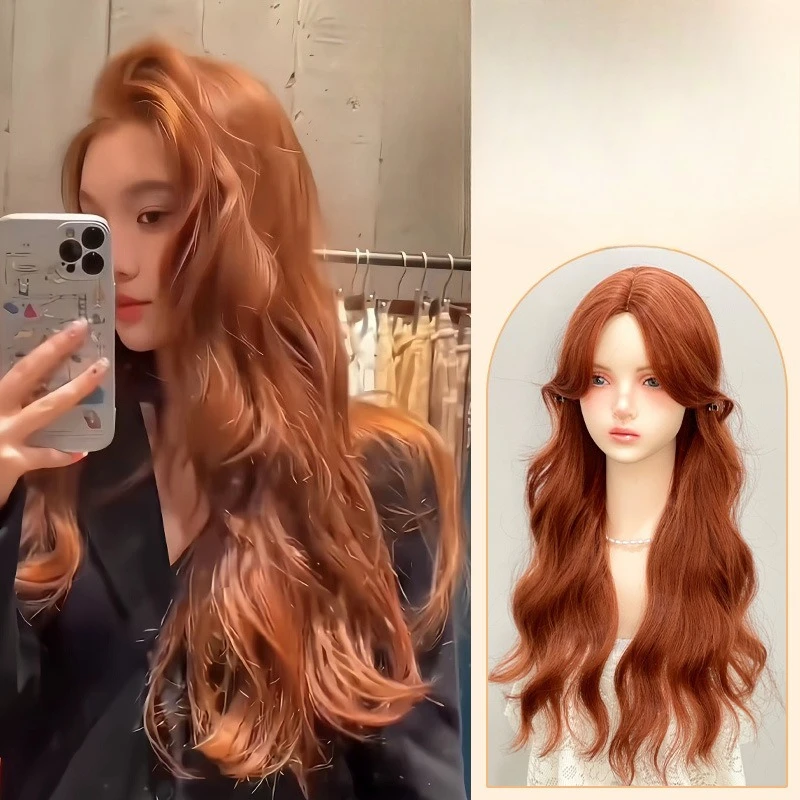 Wig female long hair natural new orange brown long curly hair big waves medium white full hood