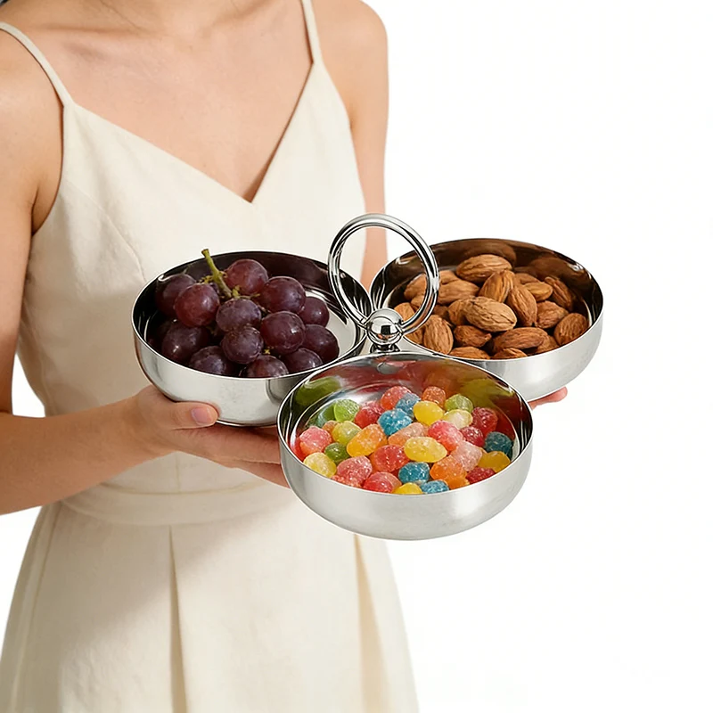 Premium Stainless Steel 3 Grids Fruit Snack Plates Desktop Nordic Decor Desserts Nut Candy Bowl Serving Tray Condiments Dish