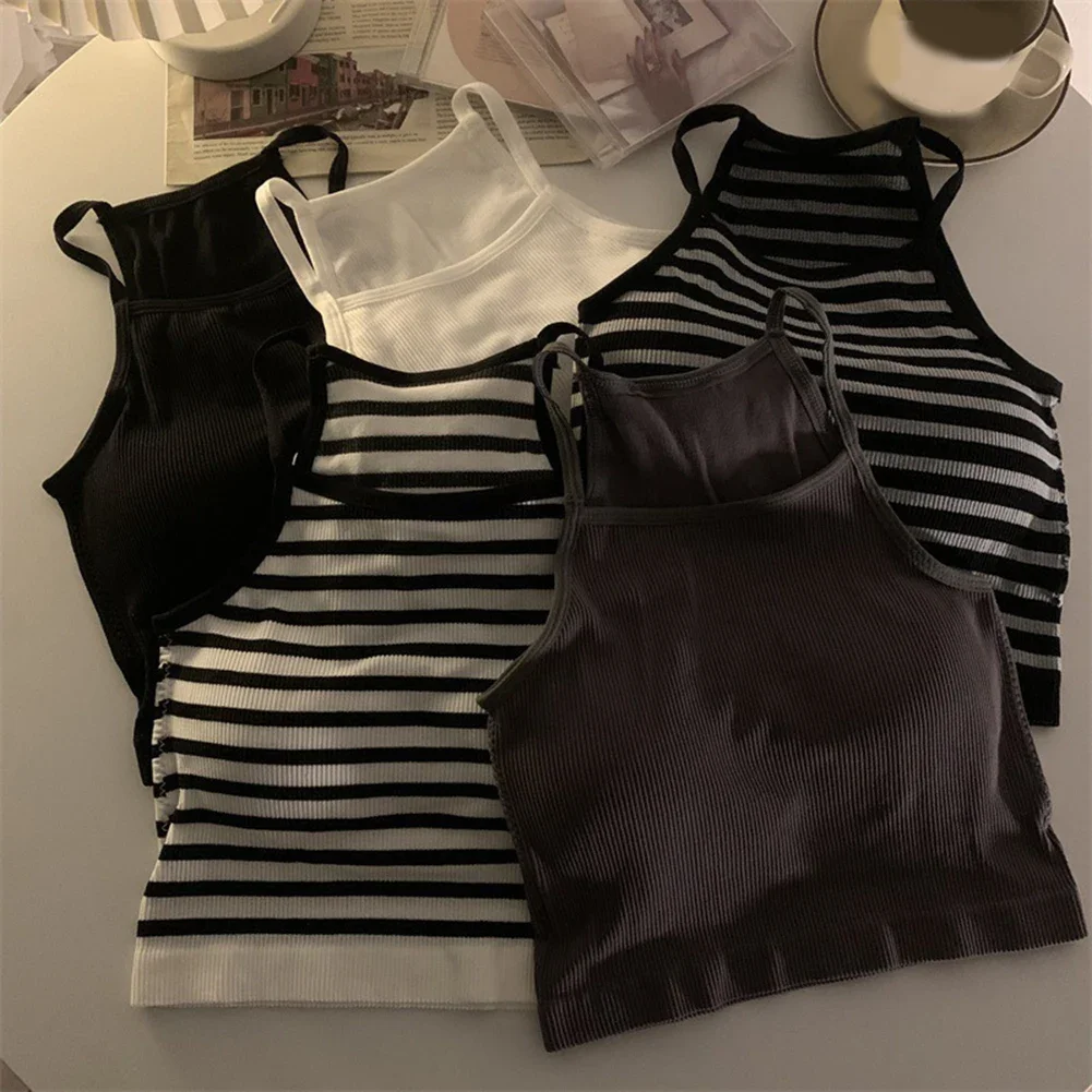 For Women Women T Shirt T Shirt For Women Solid Vest Stripe Tank Basic Camisole Casual Chest Pad Tops Crop Top