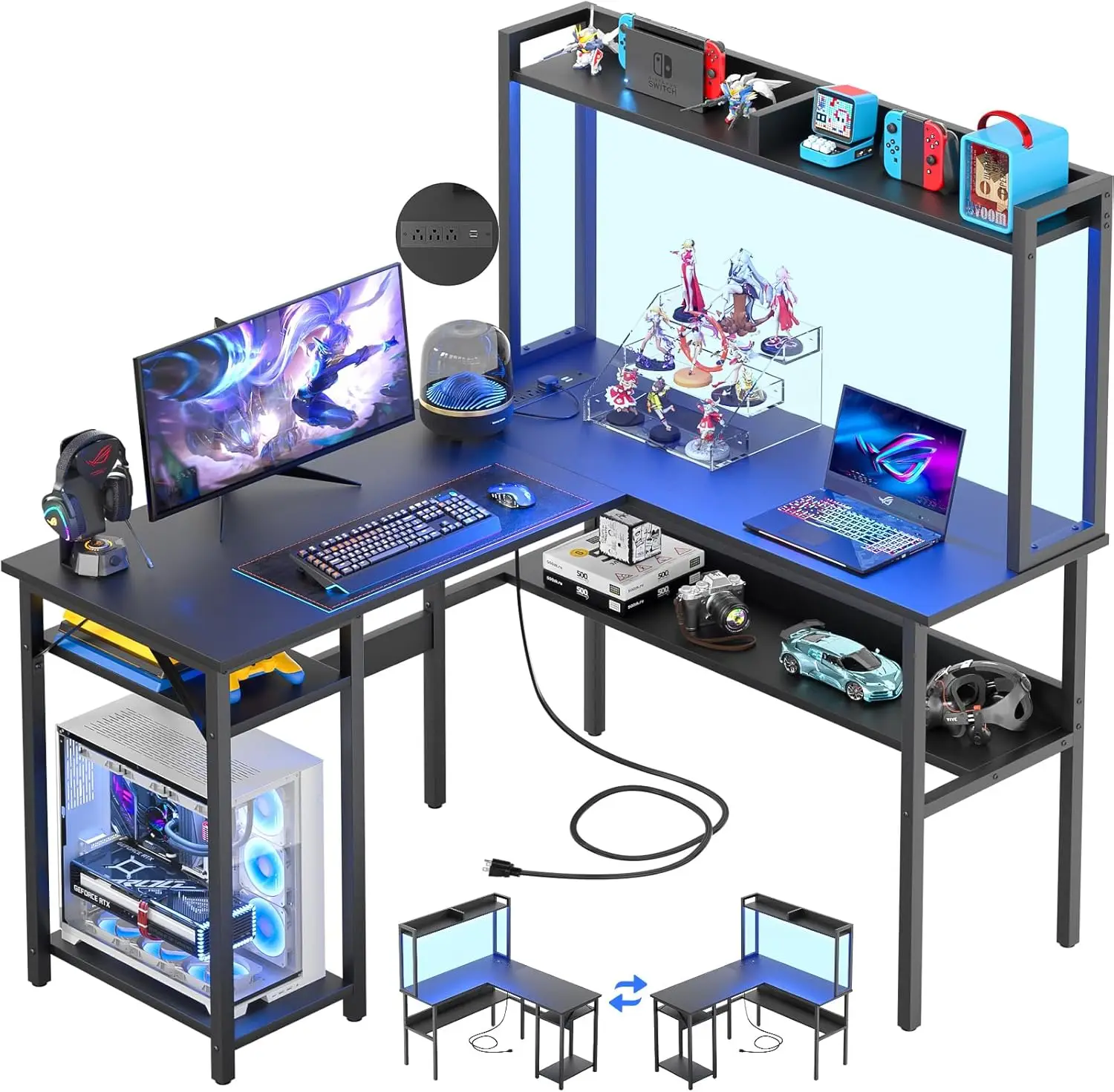 

L Shaped Gaming Desk with LED Strip and Power Outlets, Reversible Computer Desk with Storage Shelves, Desk with Hutch, 2 Person