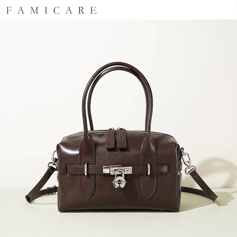 

2025 Fall Winter New Top Grain Leather Spacious Boston Bag Lock Design Single Shoulder Crossbody Pack Women Commuting Handbag