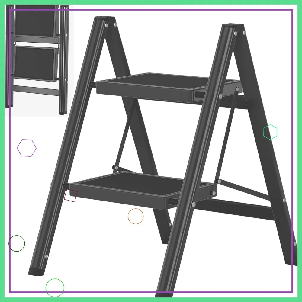 

2 Step Ladder with Anti-Slip Wide Pedal and Feet, Sturdy Steel Construction for Home and Office Use in Black