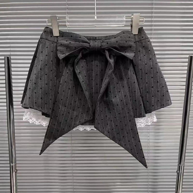 Y2k 2026 New Gray Pleated Mini Skirt Women Summer Lace Patchwork Bow Cute Lolita Style Striped Dot Print Fashion Skirt