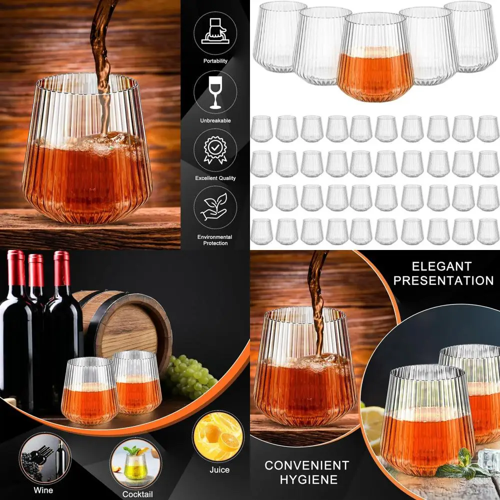 

50 Pack 14oz Clear Ribbed Disposable Plastic Wine Glasses - Recyclable, Shatterproof, Reusable Cups for Events and Home Use
