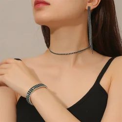 FYUAN Simple Green Blue Crystal Necklace Earrings Bracelet Long Tassel Earrings for Wedding Bride Jewelry Sets Accessories